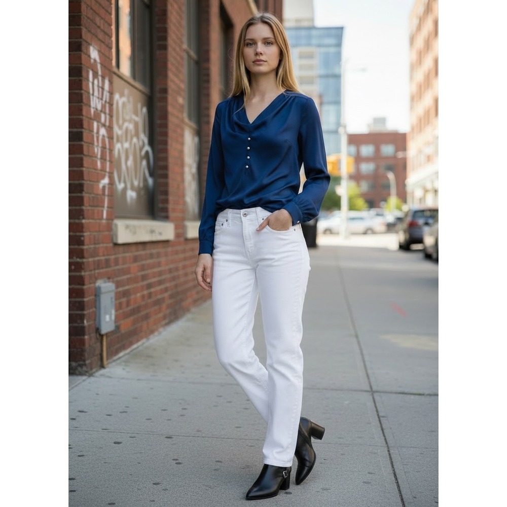 HM Womens White Straight Leg High Rise Denim Jeans Size 6 Classy Preppy Neutral